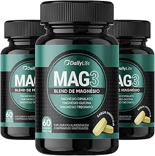 Kit 3x Magnesio Mag 3 Dimalato Treonato Glicina Magnesium 1000mg 100% Puro 60 Comprimidos Mastigaveis Sem Glúten Sabor Maracujá