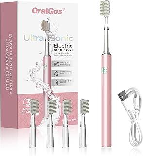 OralGos Escova de Dentes Elétrica Sônica para Adultos, Cerdas Macias, 3 Modos de Limpeza, 4 Cabeças Extras, Recarregável USB, IPX7 à Prova d’Água (Ouro Rosa)