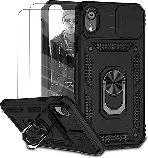 Capa para iPhone XR Capinha | com 2 peças de protetor de tela temperado com janela deslizante da câmera e suporte para telefone incluídos - Preto
