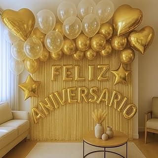 Kit Feliz Aniversário Dourado Balões Coração, Estrela, Confete, Letreiro Metalizado, Cortinas Holográficas 2m e Balões Látex 10" Pronto para Decorar Festa Adulto ou Infantil