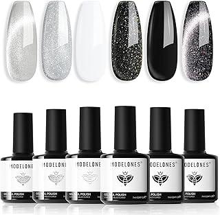 modelones Conjunto de esmaltes em gel, 6 cores, olho de gato, preto, branco, cinza, prata, glitter, kit de esmaltes em gel com brilho magnético, série Galaxy, Soak Off, nail art, manicure, presente para mulheres e meninas