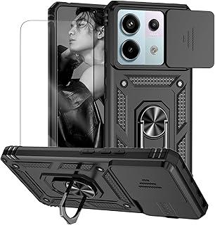 Capa para Xiaomi Poco X6 e Redmi Note 13 Pro 5G Capinha | com 2 peças de protetor de tela temperado com janela deslizante da câmera e suporte para telefone incluídos - Preto