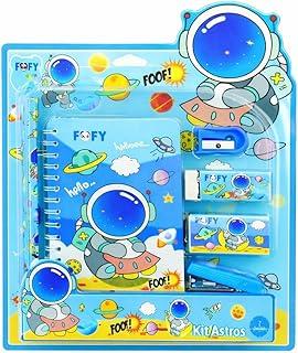 Kit Escolar Astronauta com 7 Peças, Caderno 20 Folhas 14,5x10cm, 2 Lápis HB, Borracha, Apontador, Grampeador, Caixa de Grampos, Tema Astros, Ideal para Uso diário, Escolar