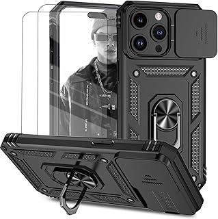Capa para iPhone 14 Pro Max Capinha | com 2 peças de protetor de tela temperado com janela deslizante da câmera e suporte para telefone incluídos - Preto