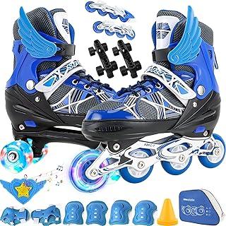 2 Em1 Patins Infantil Ajustável, Patins 4 Rodas, Patins Quad, Patins Infantil Menina, Ajustável com Bolsa e Kit Proteção, Para meninas, meninos e iniciante (Azul ）P (28-32))