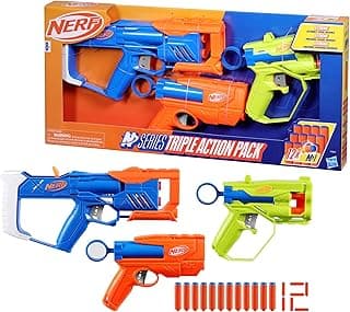 Nerf N Series Kit Triple Action com 3 lançadores e 12 dardos de espuma, brinquedos para meninos e meninas, presente para adolescentes e crianças acima de 8 anos com 28.94% de desconto por R$ 142,12 na amazon