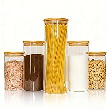 Kit 5 Potes Herméticos de Vidro Porta Mantimentos com Tampa de Bambu para Alimentos Organizador Cozinha Despensa