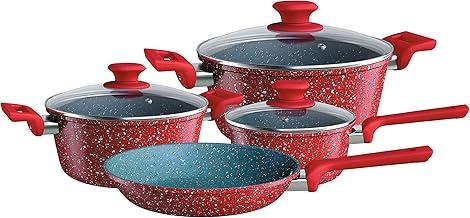 Euro Home, ALU8709-VO, Conjunto de panelas ColorStone 4 peças de alumínio com antiaderente e tampa de vidro, Volcano, Vermelho