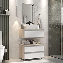 Gabinete Banheiro Creta 60cm (02 armários + cuba + espelho) (Madeirado/Branco)