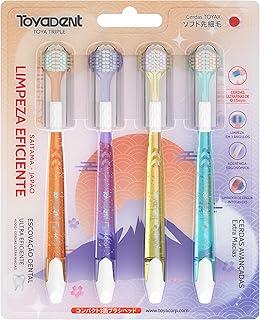 TOYADENT Escova de Dentes Tripla, Kit com 4 Unidades, Mais de 4000 Cerdas Ultramacias, Cabeça Tripla que Envolve os Dentes, Limpeza Profunda sem Machucar a Gengiva, Cabo Antiderrapante, Ideal para Casa e Viagem