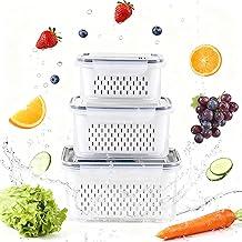 Kit 3 Potes Herméticos com Escorredor para Geladeira – Organizador de Verduras, Frutas e Legumes – Pote Hermético Plástico com Tampa – Kit Organizador de Geladeira