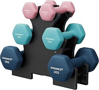 Conjunto de Halteres Hexagonais SONGMICS com Suporte – 2 x 1 kg, 2 x 2 kg, 2 x 3 kg, Acabamento em Neoprene Fosco, Pesos de Mão para Exercícios em Casa, Rosa, Aqua e Azul BRSYL612MK