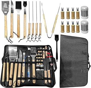 Kit para Churrasco 25 Peças com Cabo em Madeira, 304 Aço Inoxidável, Conjunto Completo com Espátula, Faca, Garfos, Pincéis e Bolsa de Transporte