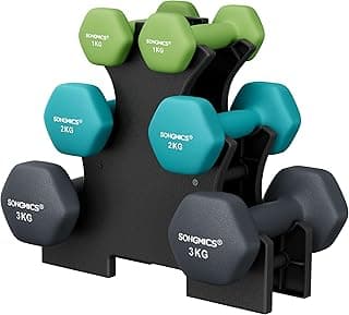 SONGMICS Conjunto de Halteres Hexagonais com Suporte, 2 x 1 kg, 2 x 2 kg, 2 x 3 kg, Acabamento Fosco em Neoprene, Pesos de Mão para Exercícios em Casa, Lima, Azul Petróleo e Cinza Escuro BRSYL612G02