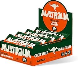 Australia Protein Max Almond Chocolate 70g, Barra de Proteína, Sem Glúten, Lactose e Açúcar Adicionado, Snack Saudável Plant-Based (12 unidades)
