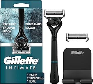 Gillette Navalha íntima para homens, barbeadores pubianos masculinos para paisagem, suave e fácil de usar, projetado para pelos pubianos, 1 alça, 2 refis de lâmina