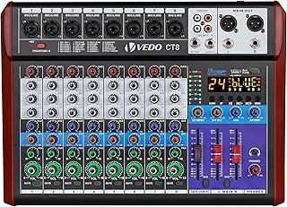 VEDO Mesa de Mistura CT8 Profissional de 8 Canais com Equalizador de 3 Bandas, 24 Efeitos DSP, Bluetooth 5.0, Reprodução/Gravação USB, Alimentação Phantom 48V para Som ao Vivo, Estúdio, Karaokê