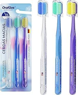 OralGos Escova de Dente com Cerdas Ulramacias 3 Unidades, 5000+ Cerdas Finas de Alta Densidade, Limpeza Profunda e Proteção das Gengivas, com Capa Protetora Individual, Mais Higiene e Segurança (Roxo+Transparente+Azul)
