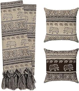 Kit Manta Para Sofá Luxo Bege Marrom + 2 Capas De Almofadas Indianas