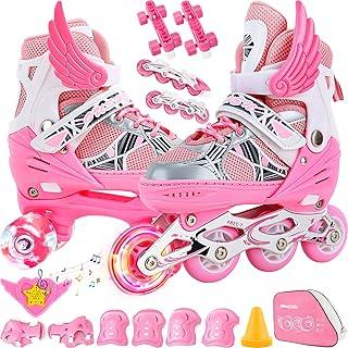 2 Em1 Patins Infantil Ajustável, Patins 4 Rodas, Patins Quad, Patins Infantil Menina, Ajustável com Bolsa e Kit Proteção, Para meninas, meninos e iniciante, Rosa P (28-32)