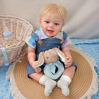 Brastoy Bebê Reborn Boneco Silicone Menino Olhos Azuis Realista Pintado Original 55cm Pode Tomar Banho (Cabelo Dourado Menino)