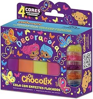 Master, Cola com Enfeites Flocados, Decoracola, Chocolix, Coleção Butterfly, 4 cores Neon