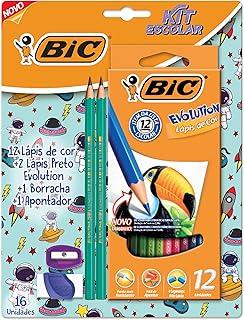 BIC, Kit Escolar com 12 Lápis de Cor BIC Evolution + 2 Lápis Pretos + 1 Borracha + 1 Apontador, 16 Unidades