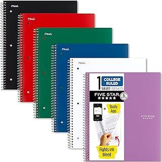 Five Star Cadernos espirais, pacote com 6, 1 matéria, papel pautado universitário, combate o sangramento de tinta, capa resistente à água, 21,8 cm x 28 cm, 100 folhas, preto, vermelho,