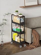 Carrinho de armazenamento slim 4 andares para frutas e legumes na cozinha em espaços pequenos, carrinho de roupa estreito com rodas, tampa de madeira e alça de metal para despensa (Preto)