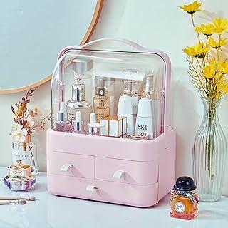 Porta Maquiagem e Organizador de Joias Multiuso – Acrílico Transparente com 3 Gavetas e Tampa Flip Top, Compartimentos para Cosméticos, Bijuterias e Acessórios, Rosa