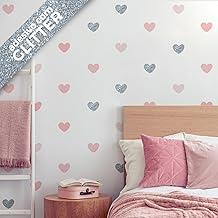 Adesivo de Parede Corações Tons de Rosa Glitter Quarto de Menina 55un Cobre 5m2 (Com Glitter Prata)