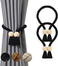 LUMAI Kit 2 Prendedores de Cortina Magnético Elegante Amarrador para Cortinas com Corda Trançada, Esferas de Madeira Natural, Ímã Forte 1,5cm, Várias Formas de Uso, Sala, Quarto, Escritório (Preto)