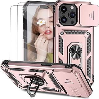 Capa para iPhone 15 Pro Max Capinha | com 2 peças de protetor de tela temperado com janela deslizante da câmera e suporte para telefone incluídos - Rosa