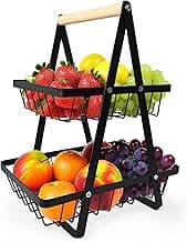 Fruteira De Mesa Organizador De Frutas, Cesta De Frutas De 2 Níveis, Cesta De Frutas Removível Para Bancada De Cozinha Com Alça De Madeira, Preta