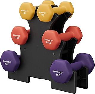 SONGMICS Conjunto de Halteres Hexagonais com Suporte, 2 x 1 kg, 2 x 1,5 kg, 2 x 2 kg, Acabamento Fosco em Neoprene, Pesos de Mão para Exercícios em Casa, Amarelo, Laranja e Roxo BRSYL69BK