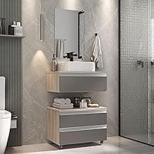 Gabinete Banheiro Creta 60cm (02 armários + cuba + espelho) (Madeirado/Cinza)