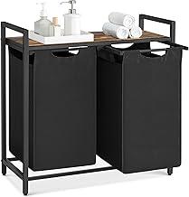 VASAGLE cesto de roupa com 2 compartimentos, sacos internos removíveis, estrutura de metal, prateleira superior, para lavanderia e quarto, preto e marrom rústico BRBLH201B01V2