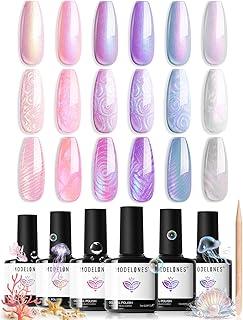 Esmalte em gel Modelones, 6 cores, brilhante, pérola, branco, rosa, roxo, desenho de sereia, esmalte em gel com glitter e caneta pontilhada, efeito de fio de concha, manicure de verão, presente faça você mesmo