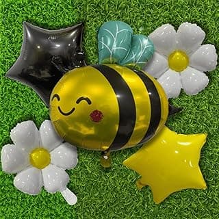 Kit 5 Balões Metalizados Foil Tema Abelhinha – Flores e Estrelas para Festa Infantil, Chá de Bebê e Aniversário (Abelha Fofa)