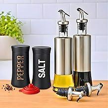Kit Galheteiro para Azeite e Vinagre com Saleiro e Pimenteiro Preto, Funil Retrátil de Silicone e Bico Dosador com Fluxo Controlado para Cozinha Gourmet