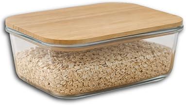 Pote de Vidro Borossilicato Retangular 1,5L com Tampa de Bambu e Vedação Silicone Hermética Travessas Refratárias com Tampa de Bambu – Organizador para Mantimentos Farinhas Temperos e Alimentos