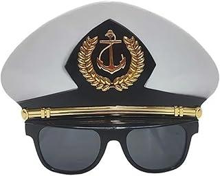 Óculos de Sol Fantasia Capitão Náutico com Quepe, Acessório para Carnaval e Cosplay, Preto e Branco com Detalhes Dourados