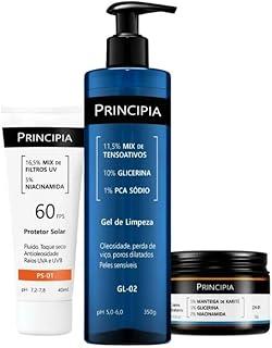 PRINCIPIA, Kit Gel de Limpeza com mix de tensoativos + PCA sódio + glicerina, um Creme Hidratante com glicerina + manteiga de karité + niacinamida e um protetor solar fluido antioleosidade com mix de filtros UV + niacinamida, FPS 60, toque seco e com eficácia contra raios UVA e UVB.
