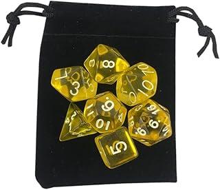 KIt 7 Dados Rpg de Mesa Amarelo Translúcido Transparente D4 D6 D8 D10 D10% D12 D20 Boardgame + Bolsa Veludo