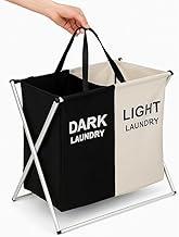 Cesto Duplo de Roupa Suja Dobrável 16kg Organizador de Lavanderia com Estrutura em Aço Inox, Tecido Poliéster Reforçado, Compartimentos para Roupas Claras e Escuras, Multiuso Quarto e Área de Serviço