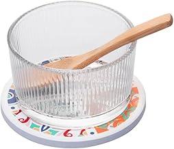 WOLFF - Conjunto 3 Peças Petisqueira redonda Vidro Colher de Bambu e Suporte Ladrilho 12x10x6,5cm