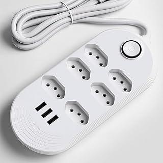 Filtro de linha extensão Elétrica 6 Tomadas + 3 Entradas USB – Bivolt, Cabo 2m, Proteção Contra Sobrecarga, Ideal para celulares, computadores, impressoras, televisão