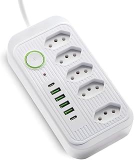 Extensão de Energia Filtro de Linha Régua de Energia com 5 Tomadas 4 USB-A e 2 USB Tipo-C Cabo 2 Metros Bivolt 110-220V Potência 2500W e Carregamento Inteligente Linha Premium (Branco)