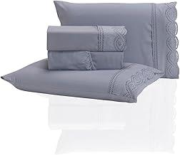 Jogo de Lençol Queen 3 Peças Percal 400 Fios Bordado Inglês - Tecido Acetinado, Macio e Confortável (Cinza, Queen)