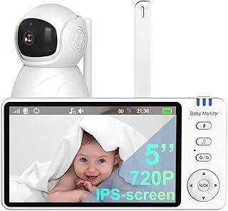 Babá Eletrônica Câmera,720P HD 5" Monitor de Bebe, Controle remoto gira 355°/75°, Áudio de 2 vias, 4X Zoom Digital,Visão nocturna,Sem Wi-Fi, VOX,Temperatura ambiente